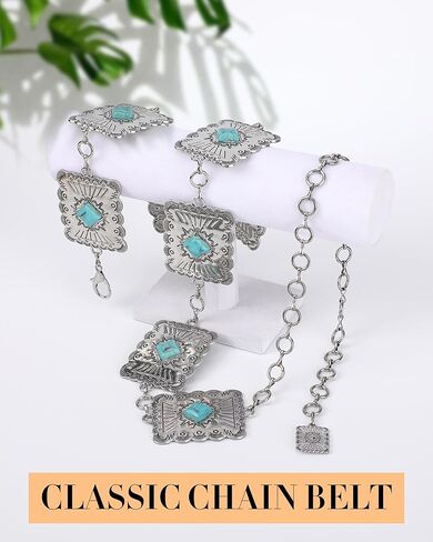 Metal Turquoise Belts for Women - Vintage Boho Cowgirl Hip Chain Belts, Adjustable Western Concho Waist Belt for Dress in Kuwait