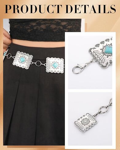 Metal Turquoise Belts for Women - Vintage Boho Cowgirl Hip Chain Belts, Adjustable Western Concho Waist Belt for Dress in Kuwait