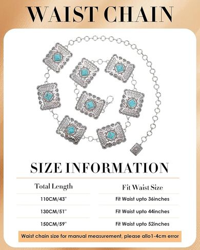 Metal Turquoise Belts for Women - Vintage Boho Cowgirl Hip Chain Belts, Adjustable Western Concho Waist Belt for Dress in Kuwait