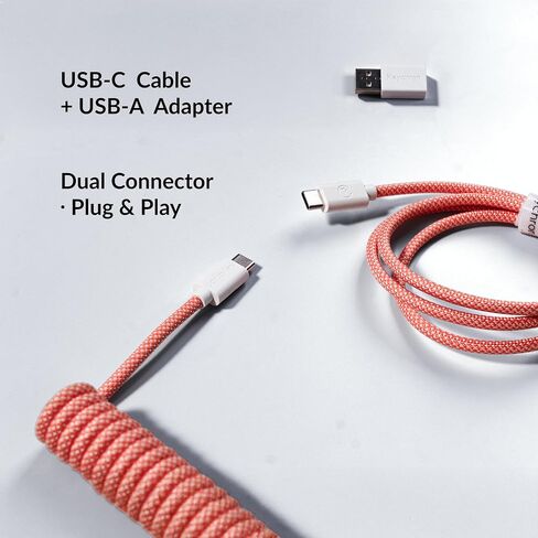 Keychron Custom Coiled Aviator Cable, White, 5-Pin (GX12) Detachable Metal Connector, USB-C to USB-C with USB-A Adapter, Durable Braided Cable for Mechanical Keyboards, Charging & Data Transfer in Kuwait