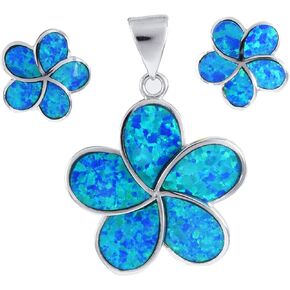 Gorgeous Hawaiian Large Blue Opal Plumeria Earring and Necklace, Sterling Silver Blue Opal Plumeria Flower Pendant, N6008S in Saudi Arabia