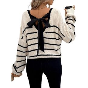 GORGLITTER Women's Bow Striped Sweater Cable Knit Long Sleeve Backless V Neck Chunky Pullover in Saudi Arabia