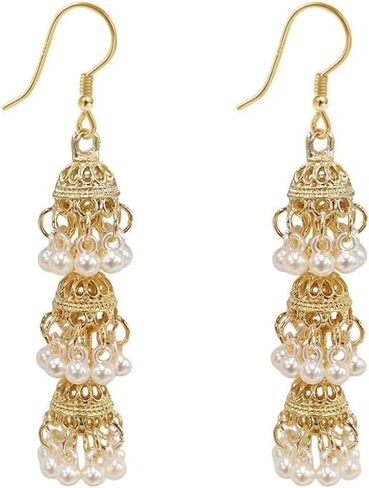 Vintage Triple Jhumki Bell Simulated Pearl Long Tassel Dangle Earrings for Women Delicate Personalized Bohemia Indian Chandelier Hook Large Statemen Dangling Traditional Jewelry in Saudi Arabia