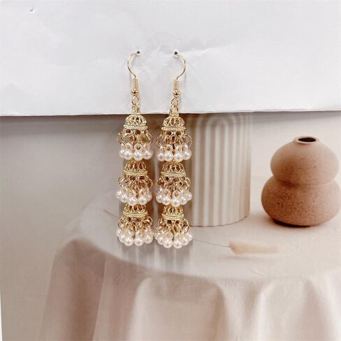 Vintage Triple Jhumki Bell Simulated Pearl Long Tassel Dangle Earrings for Women Delicate Personalized Bohemia Indian Chandelier Hook Large Statemen Dangling Traditional Jewelry in Saudi Arabia