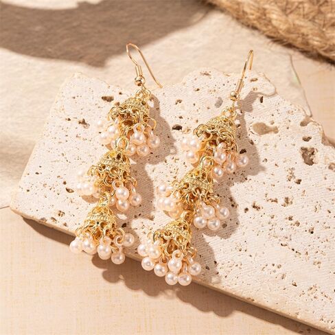 Vintage Triple Jhumki Bell Simulated Pearl Long Tassel Dangle Earrings for Women Delicate Personalized Bohemia Indian Chandelier Hook Large Statemen Dangling Traditional Jewelry in Saudi Arabia
