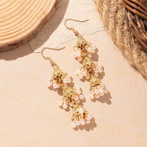 Vintage Triple Jhumki Bell Simulated Pearl Long Tassel Dangle Earrings for Women Delicate Personalized Bohemia Indian Chandelier Hook Large Statemen Dangling Traditional Jewelry in Saudi Arabia
