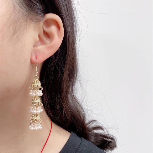 Vintage Triple Jhumki Bell Simulated Pearl Long Tassel Dangle Earrings for Women Delicate Personalized Bohemia Indian Chandelier Hook Large Statemen Dangling Traditional Jewelry in Saudi Arabia