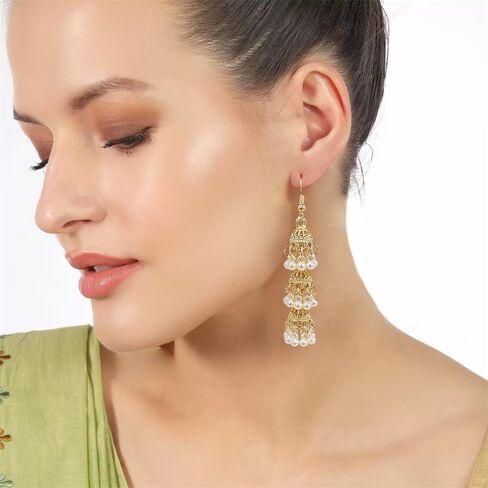 Vintage Triple Jhumki Bell Simulated Pearl Long Tassel Dangle Earrings for Women Delicate Personalized Bohemia Indian Chandelier Hook Large Statemen Dangling Traditional Jewelry in Saudi Arabia