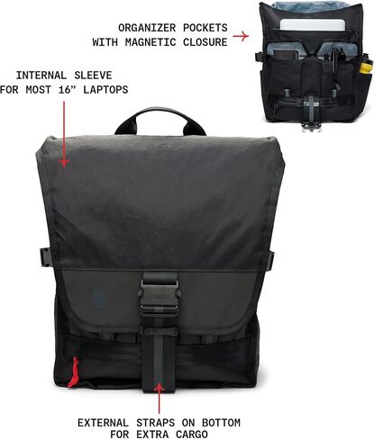 Chrome Industries Warsaw 30L Pack للرجال والنساء-حقيبة الظهر المرافق مع أحزمة البضائع وأكمام الكمبيوتر المحمول للاحتفاظ بأكثر من 16 بوصة-يتم صنع حقيبة للسفر ، العمل ، المشي لمسافات طويلة ، المدرسة ، محمل الطائرة-الأسود-الأسود in Saudi Arabia