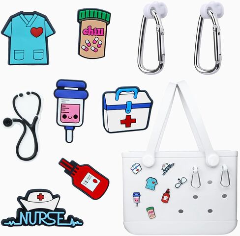 7-Piece Nurse Charm Set for Bogg Bag with 2 Keychain Clips, Medical-Themed Accessories for Beach Totes & Pool Bags in Saudi Arabia
