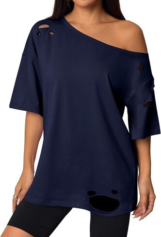 Remidoo Women Distressed Ripped Off The Shoulder Tops Summer Sexy Short Sleeve Oversized Tshirt in Saudi Arabia