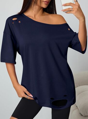 Remidoo Women Distressed Ripped Off The Shoulder Tops Summer Sexy Short Sleeve Oversized Tshirt in Saudi Arabia