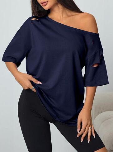 Remidoo Women Distressed Ripped Off The Shoulder Tops Summer Sexy Short Sleeve Oversized Tshirt in Saudi Arabia