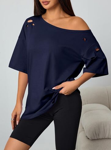 Remidoo Women Distressed Ripped Off The Shoulder Tops Summer Sexy Short Sleeve Oversized Tshirt in Saudi Arabia