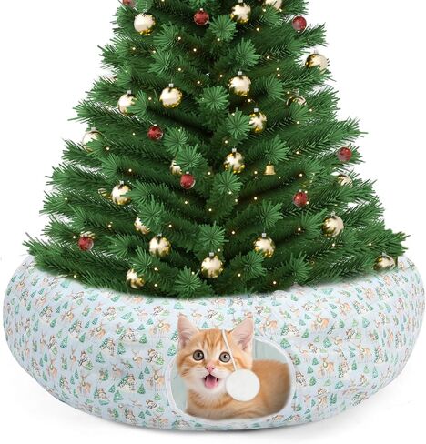 Christmas Cat Tunnel Bed Under Christmas Tree Circular Cat Tunnels for Indoor Cats Xmas Green Cat Donut Tunnel Foldable Plush Peekaboo Cat Cave Toy for Small Cat Kitten Kitty, 3ftx3ftx9.8in in Saudi Arabia