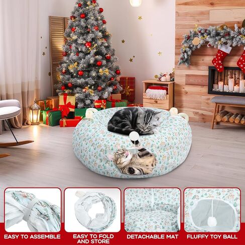 Christmas Cat Tunnel Bed Under Christmas Tree Circular Cat Tunnels for Indoor Cats Xmas Green Cat Donut Tunnel Foldable Plush Peekaboo Cat Cave Toy for Small Cat Kitten Kitty, 3ftx3ftx9.8in in Saudi Arabia