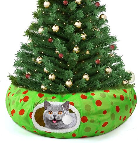 Christmas Cat Tunnel Bed Under Christmas Tree Circular Cat Tunnels for Indoor Cats Xmas Green Cat Donut Tunnel Foldable Plush Peekaboo Cat Cave Toy for Small Cat Kitten Kitty, 3ftx3ftx9.8in in Saudi Arabia