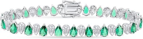 12 CTW Pear Shaped Alternate Simulated Emerald With Baguette & Round Cubic Zirconia Studded Tennis Bracelet Crafted in 925 Sterling Silver 14K Gold Plating Women's Jewelry (Size: 7) in Saudi Arabia