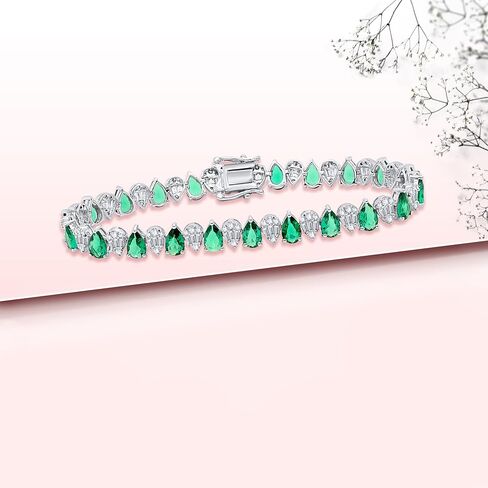 12 CTW Pear Shaped Alternate Simulated Emerald With Baguette & Round Cubic Zirconia Studded Tennis Bracelet Crafted in 925 Sterling Silver 14K Gold Plating Women's Jewelry (Size: 7) in Saudi Arabia