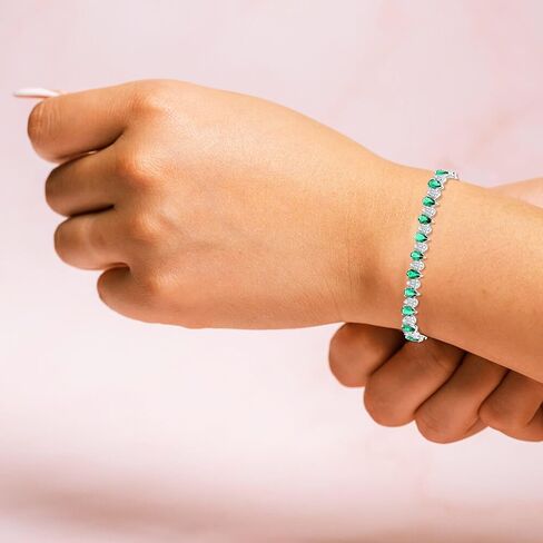 12 CTW Pear Shaped Alternate Simulated Emerald With Baguette & Round Cubic Zirconia Studded Tennis Bracelet Crafted in 925 Sterling Silver 14K Gold Plating Women's Jewelry (Size: 7) in Saudi Arabia