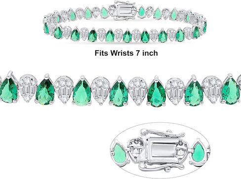 12 CTW Pear Shaped Alternate Simulated Emerald With Baguette & Round Cubic Zirconia Studded Tennis Bracelet Crafted in 925 Sterling Silver 14K Gold Plating Women's Jewelry (Size: 7) in Saudi Arabia