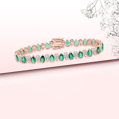 12 قيراط من الزمرد المقلد على شكل كمثرى مع الرغيف الفرنسي ومكعب زركونيا دائري مرصع بالتنس مصنوع من الفضة الإسترلينية عيار 925 ومطلية بالذهب عيار 14 قيراط مجوهرات نسائية (الحجم: 7) in Kuwait