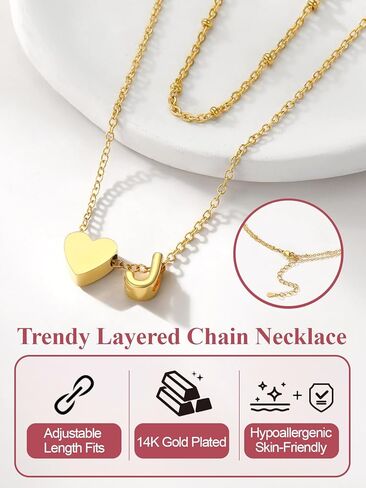 FOCALOOK Layered Initial Necklace for Women, 14K Gold Plated Choker Necklaces Stacks with Initial A-Z, Dainty Silver Heart Pendant Necklace Personalized Birthday Women Jewelry in Kuwait