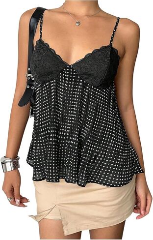 Verdusa Women's Lace Polka Dots Camisole Tops Vintage V Neck Flowy Going Out Tops in Saudi Arabia