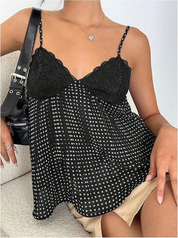 Verdusa Women's Lace Polka Dots Camisole Tops Vintage V Neck Flowy Going Out Tops in Saudi Arabia