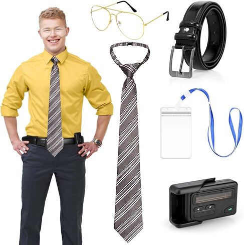 5 Pcs Men Office Costume Accessories Set Eyeglasses Belt Stripped Tie ID Badge Holder Pager for Halloween Cosplay Party Dress up Multicolor in Saudi Arabia