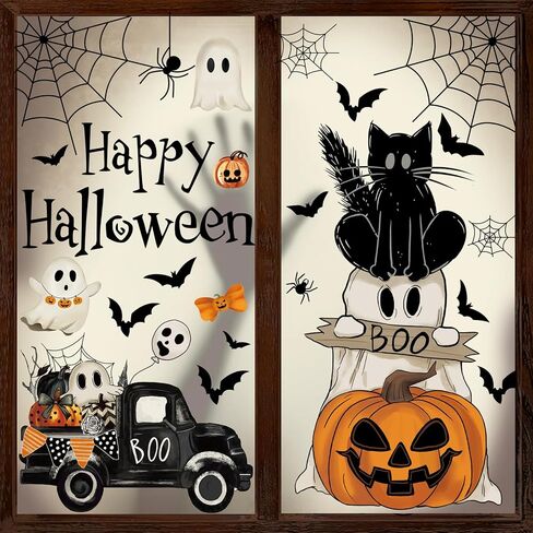 6 Sheet Halloween Window Clings Black Cat Ghost Pumpkin Spiderweb Window Sticker Double-Sided Spooky Boo Window Decal for Glass Mirror Decor in Saudi Arabia