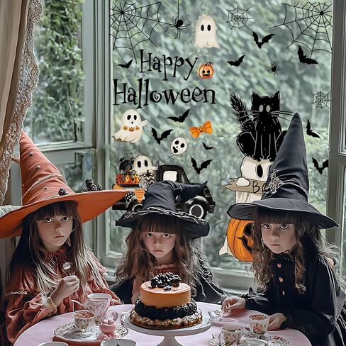 6 Sheet Halloween Window Clings Black Cat Ghost Pumpkin Spiderweb Window Sticker Double-Sided Spooky Boo Window Decal for Glass Mirror Decor in Saudi Arabia