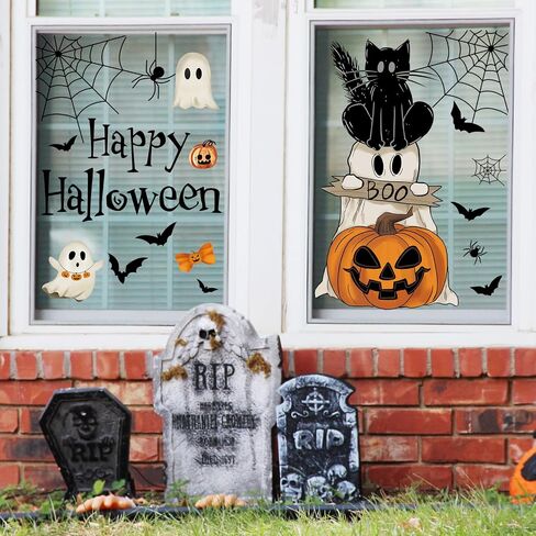 6 Sheet Halloween Window Clings Black Cat Ghost Pumpkin Spiderweb Window Sticker Double-Sided Spooky Boo Window Decal for Glass Mirror Decor in Saudi Arabia