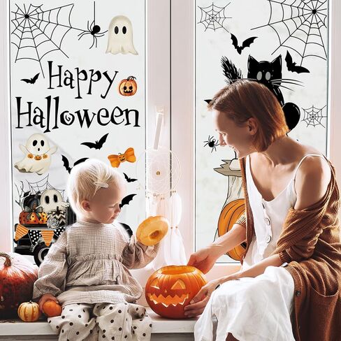 6 Sheet Halloween Window Clings Black Cat Ghost Pumpkin Spiderweb Window Sticker Double-Sided Spooky Boo Window Decal for Glass Mirror Decor in Saudi Arabia