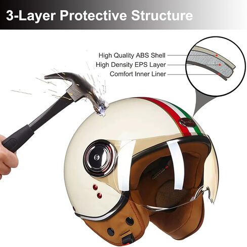 Vespa Motorcycle Helmet DOT Approved, Retro 3/4 Open Face Motorcycle Half Helmet with Visor, Vintage Scooter Helmets for Adult Women and Men in Kuwait