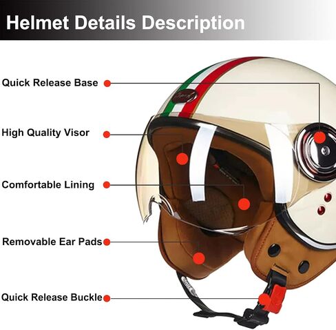 Vespa Motorcycle Helmet DOT Approved, Retro 3/4 Open Face Motorcycle Half Helmet with Visor, Vintage Scooter Helmets for Adult Women and Men in Kuwait