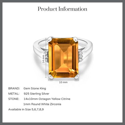 Gem Stone King 8.27 Cttw Yellow Citrine Engagement Ring For Women | 925 Sterling Silver | Emerald Cut 14X10MM | Gemstone Birthstone | Available in size 5, 6, 7, 8, 9 in Saudi Arabia