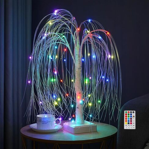 شجرة صفصاف صناعية بطول 2 قدم مع 60 مصباح LED متغير الألوان، شجرة منضدية داخلية/خارجية مع جهاز تحكم عن بعد، USB/تعمل بالبطارية لديكور المنزل وحفلات الزفاف (شجرة الصفصاف) in Kuwait