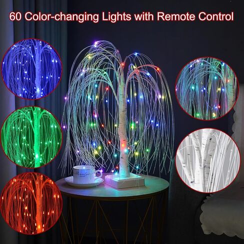 شجرة صفصاف صناعية بطول 2 قدم مع 60 مصباح LED متغير الألوان، شجرة منضدية داخلية/خارجية مع جهاز تحكم عن بعد، USB/تعمل بالبطارية لديكور المنزل وحفلات الزفاف (شجرة الصفصاف) in Kuwait