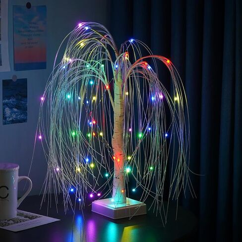 شجرة صفصاف صناعية بطول 2 قدم مع 60 مصباح LED متغير الألوان، شجرة منضدية داخلية/خارجية مع جهاز تحكم عن بعد، USB/تعمل بالبطارية لديكور المنزل وحفلات الزفاف (شجرة الصفصاف) in Kuwait