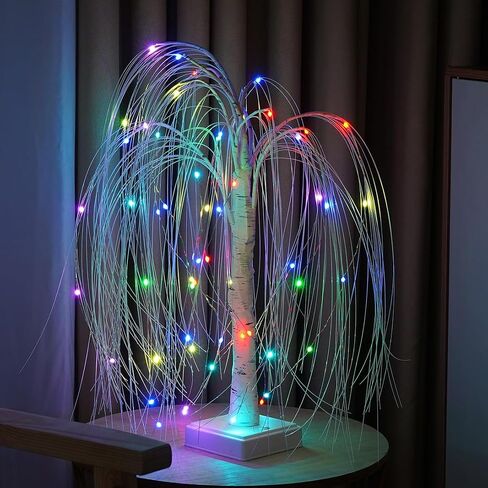 شجرة صفصاف صناعية بطول 2 قدم مع 60 مصباح LED متغير الألوان، شجرة منضدية داخلية/خارجية مع جهاز تحكم عن بعد، USB/تعمل بالبطارية لديكور المنزل وحفلات الزفاف (شجرة الصفصاف) in Kuwait