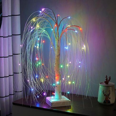 شجرة صفصاف صناعية بطول 2 قدم مع 60 مصباح LED متغير الألوان، شجرة منضدية داخلية/خارجية مع جهاز تحكم عن بعد، USB/تعمل بالبطارية لديكور المنزل وحفلات الزفاف (شجرة الصفصاف) in Kuwait