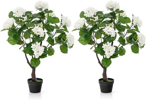 Goplus Artificial Hydrangea Tree, 2 Pack Fake Floral Plant w/11 White Flowers & Realistic Trunk in Plastic Nursery Pot, Indoor Silk Flower Tree for Home Office Living Room Housewarming Gift in Saudi Arabia