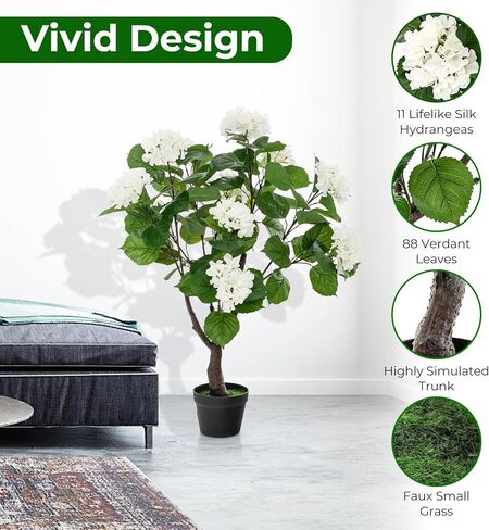 Goplus Artificial Hydrangea Tree, 2 Pack Fake Floral Plant w/11 White Flowers & Realistic Trunk in Plastic Nursery Pot, Indoor Silk Flower Tree for Home Office Living Room Housewarming Gift in Saudi Arabia