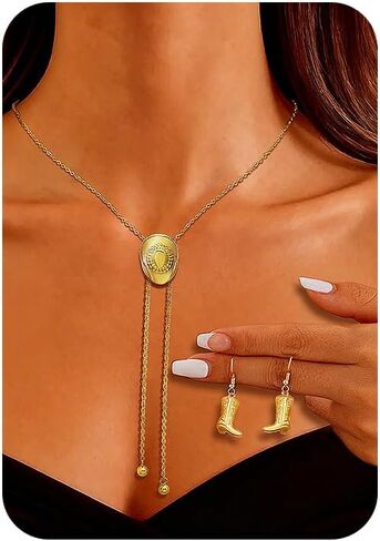 2 Pcs 18k Golden Plated Western Cowgirl Hat Necklace Earrings Set Adjustable Hat Bolo Tie for Women Cowboy Earring in Saudi Arabia