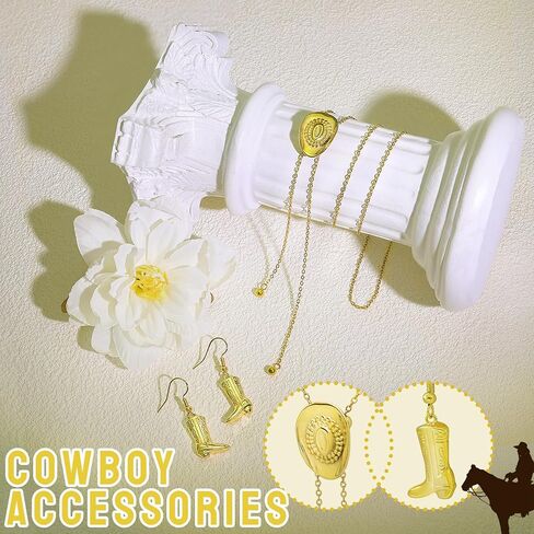 2 Pcs 18k Golden Plated Western Cowgirl Hat Necklace Earrings Set Adjustable Hat Bolo Tie for Women Cowboy Earring in Saudi Arabia
