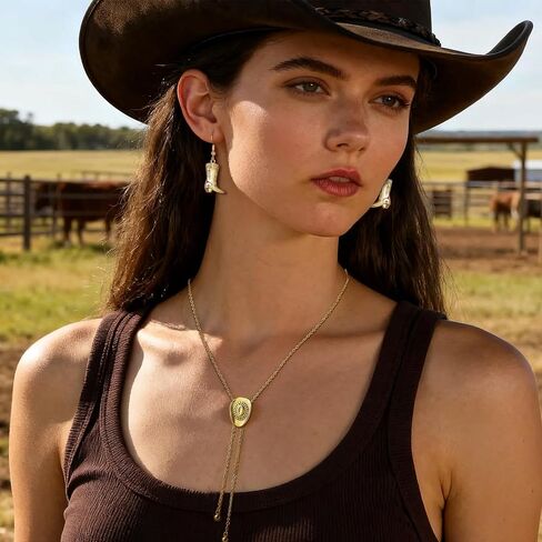 2 Pcs 18k Golden Plated Western Cowgirl Hat Necklace Earrings Set Adjustable Hat Bolo Tie for Women Cowboy Earring in Saudi Arabia