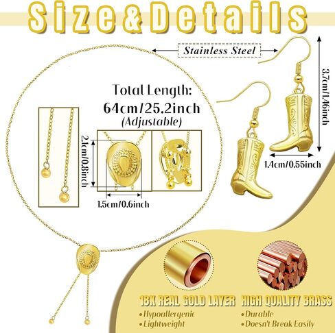 2 Pcs 18k Golden Plated Western Cowgirl Hat Necklace Earrings Set Adjustable Hat Bolo Tie for Women Cowboy Earring in Saudi Arabia