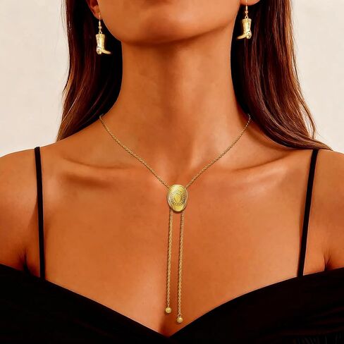 2 Pcs 18k Golden Plated Western Cowgirl Hat Necklace Earrings Set Adjustable Hat Bolo Tie for Women Cowboy Earring in Saudi Arabia