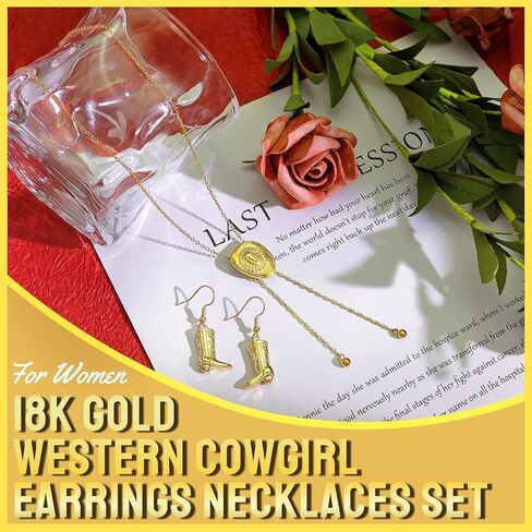 2 Pcs 18k Golden Plated Western Cowgirl Hat Necklace Earrings Set Adjustable Hat Bolo Tie for Women Cowboy Earring in Saudi Arabia